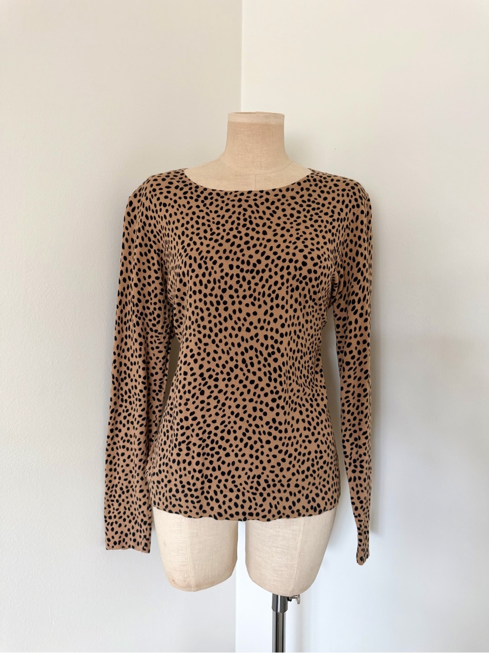 J. Crew Tan Long-Sleeve Crewneck Top with Black Spot Print